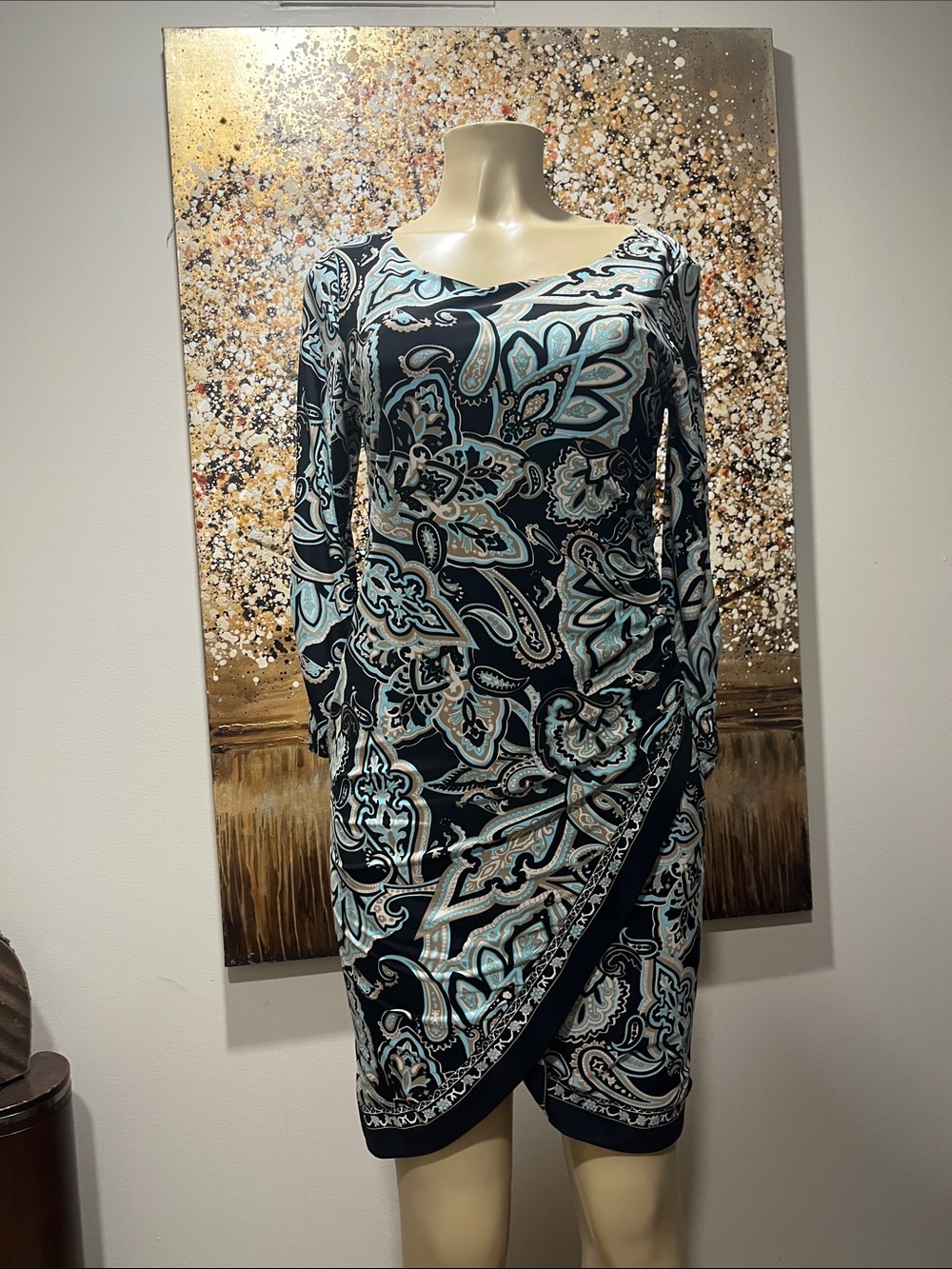 INC International Concepts Navy and Aqua Paisley Wrap-Front Long Sleeve Dress